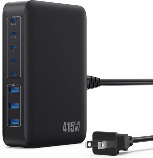 USB C Charger 415W USB C Charger Block, 8-Ports GaN IV Fast Charging Station Hub, Dual PD 100W Laptop Charger Adapter,for MacBook Pro/Air/iPad/iPhone16/15/14/Apple Watch/DELL/Samsung for Home Office