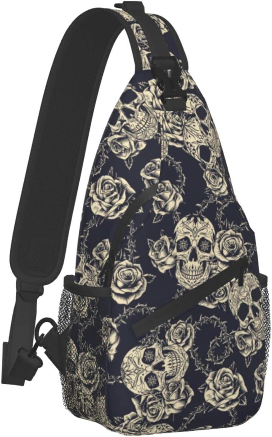 bassyil Skull Rose Sling Bag Crossbody Travel Hiking Chest Backpack Shoulder Daypack for Women Men