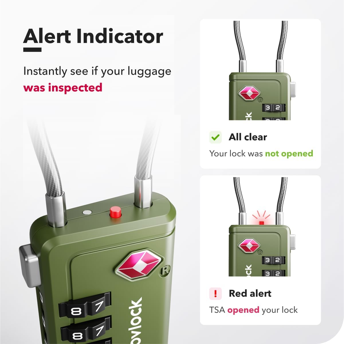 TSA Approved Luggage Locks | Inspection Indicator, 4-Digit Combination, Durable Zinc Alloy | for Suitcases, Backpacks, Travel Bags | Green, 2-Pack