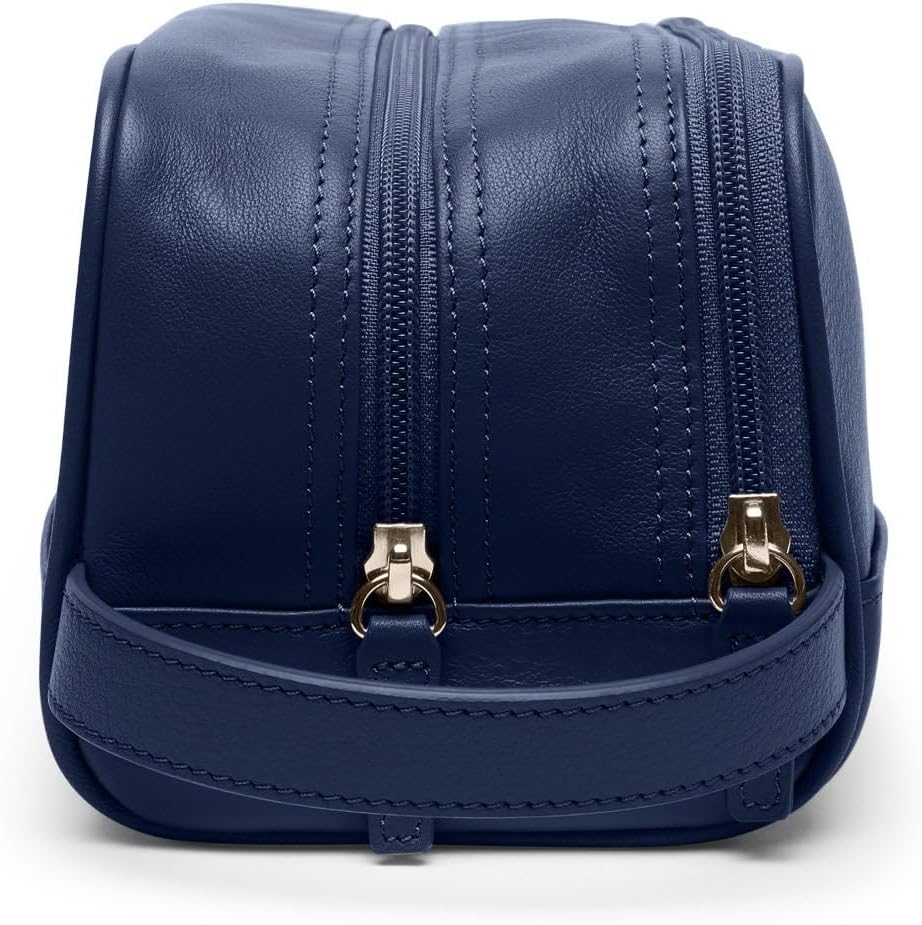 Leatherology Navy Blue Leather Toiletry Bag – Small Double Zip Dopp Kit – Full Grain Leather Travel