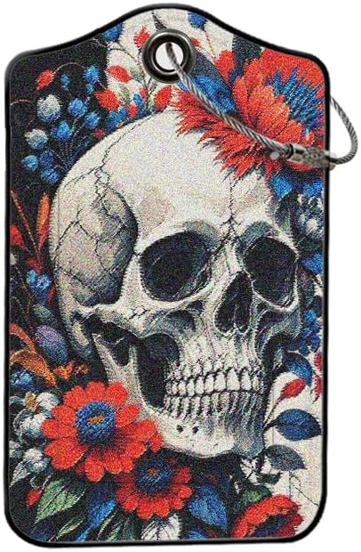 2 Pack SkullFlower Leather Luggage Tags for Suitcases, Travel Bag Tags with Privacy Cover ID Label with Stainless Steel Loop for Women Men Girls Backpack Gift (Grey Red)