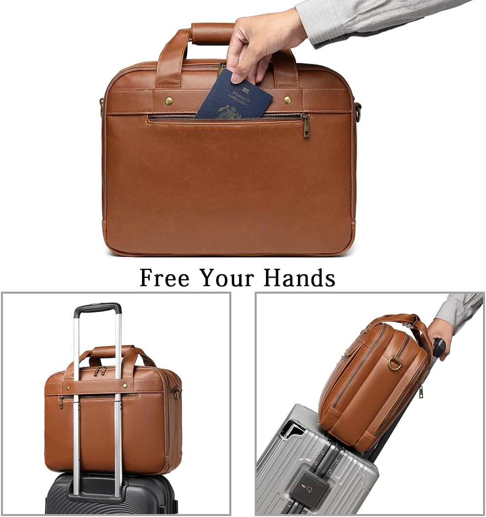 Bosidu Leather Briefcases for Men 15.6 Inch Laptop Messenger Bag with Triple Compartments Water-Resistant Computer Shoulder Bag for Business, Travel, Work, Office, Coffee