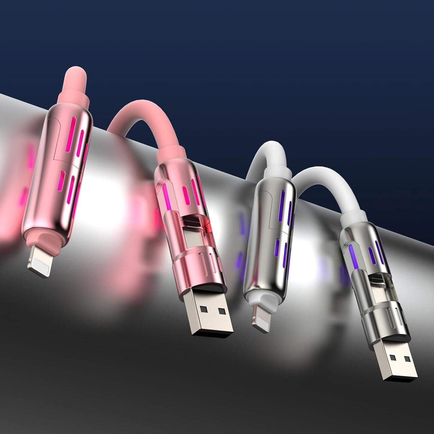 MFish 240W 4-in-1 Universal USB Charging Cable [2 Pack, 6.6ft] – Fast Charger Cord with USB-A, Dual USB-C & Lighting, for iPhone 14/15/16/17 Series, iPad & MacBook & More (2PACK, Pink+White, 6.6Ft)