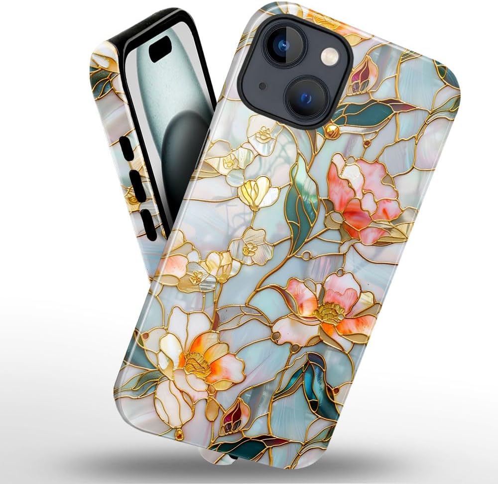 Case for iPhone 14 - Slim Fit Anti-Scratch Phone Case for Girl Women - Stained Glass Aesthetic Flowers (Glossy)