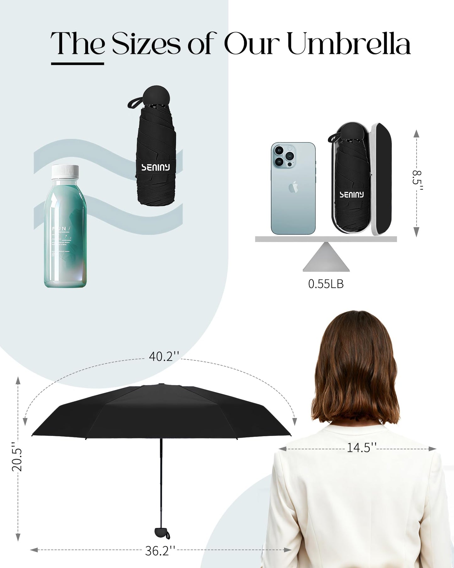 Seniny Mini Travel Umbrella with Case, Compact Pocket Size UV Sun & Rain