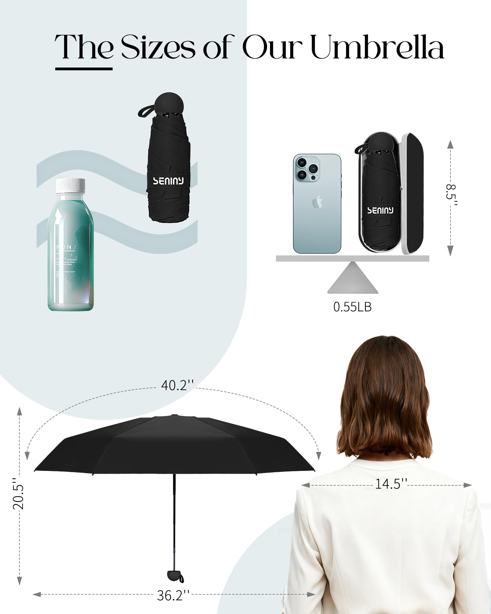 Seniny Mini Travel Umbrella with Case, Compact Pocket Size UV Sun & Rain
