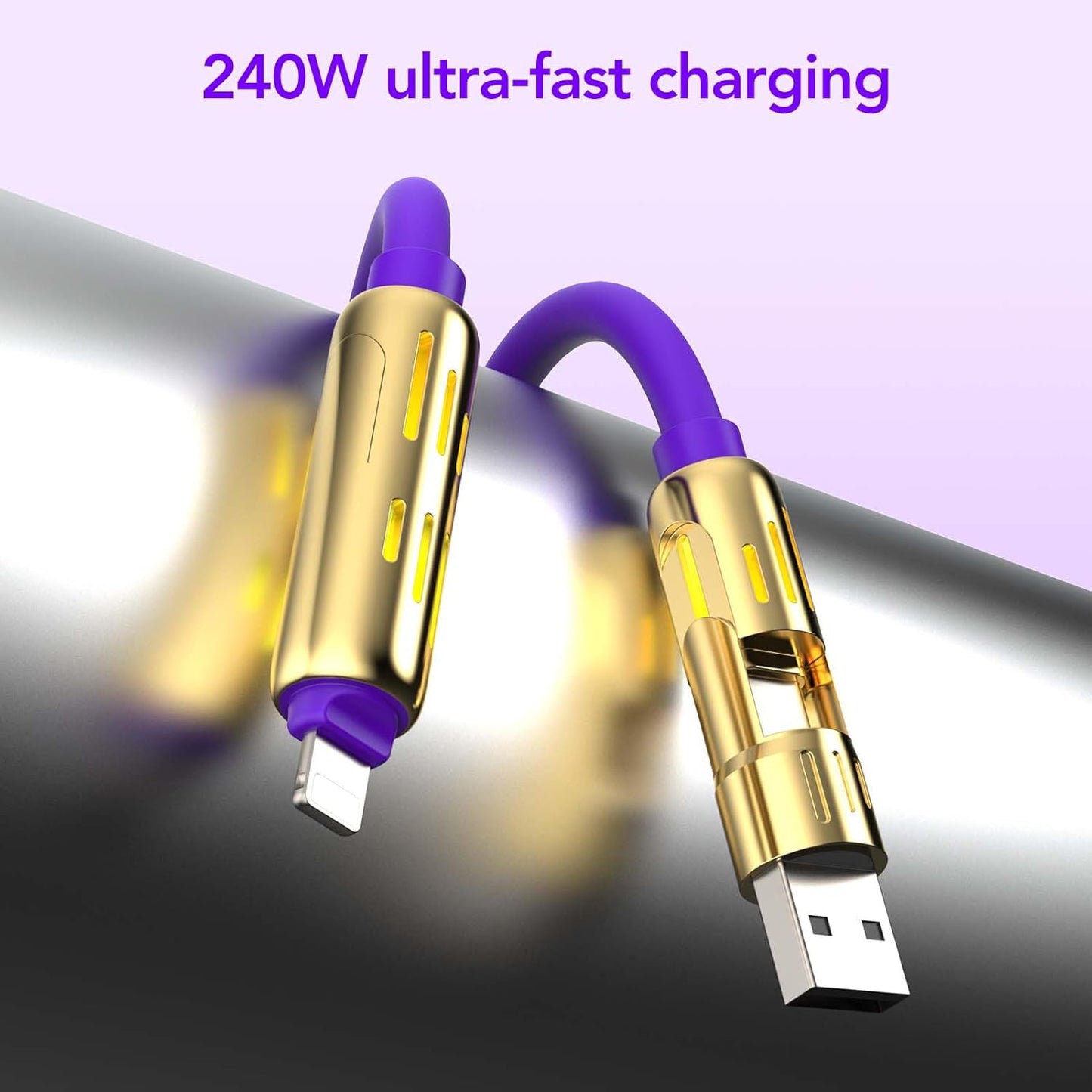 MFish 4-in-1 Universal USB Charging Cable with Carrying Case – 240W Max Fast Charger Cord, USB-A, Dual USB-C & Lighting, for iPhone 14/15/16/17 Series, iPad & MacBook and More (Purple Gold, 6.6Ft)