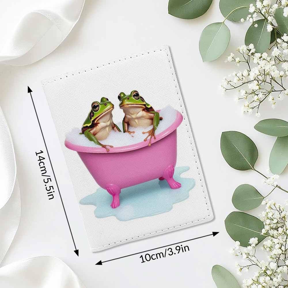 Pet Frogs Passport Holder for Travel Enjoy Soapy Bubblebath Bright Pink Bathtub PU Leather Passport