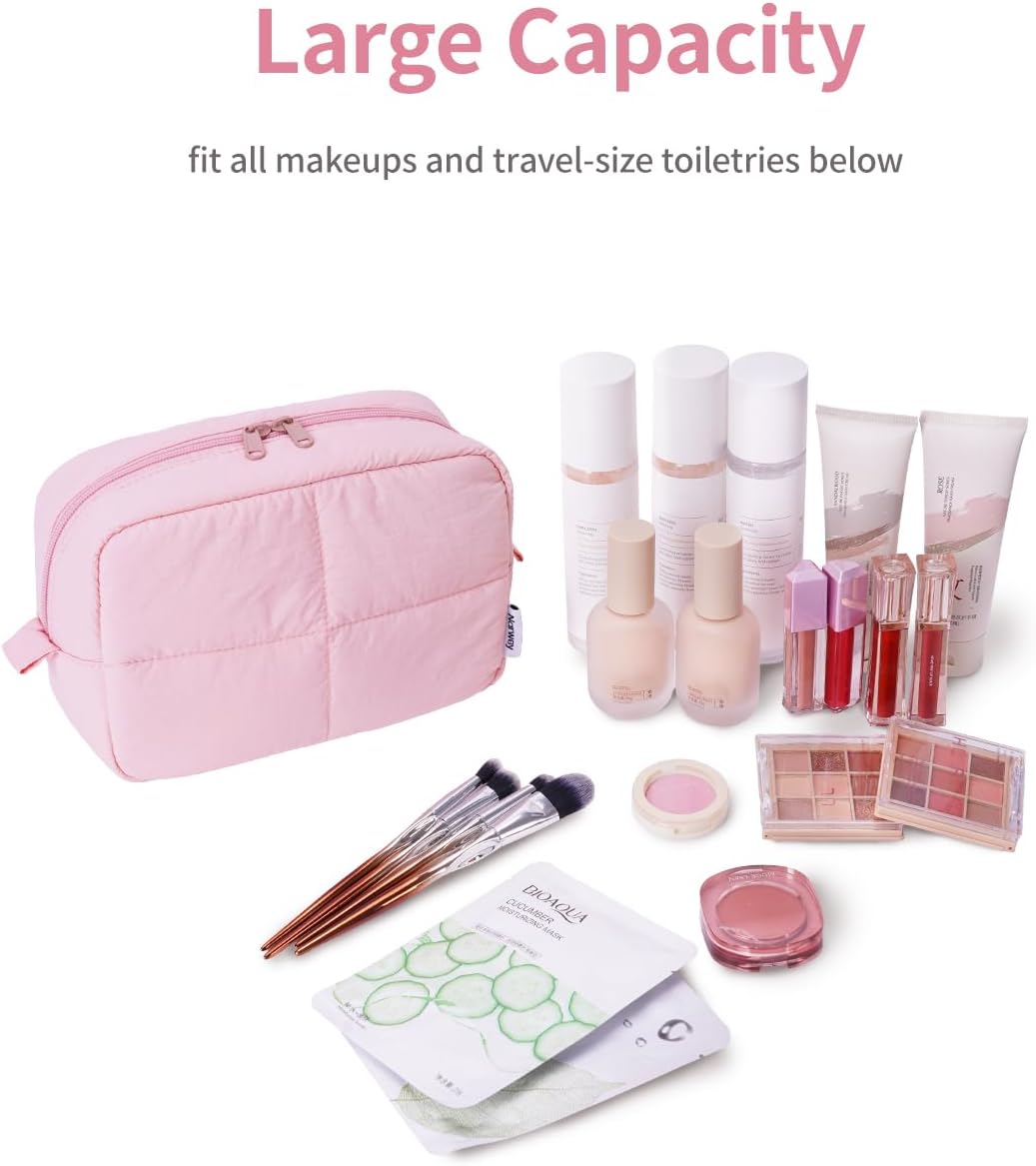 Narwey Puffy Makeup Bag for Travel Women Girl, Quilted Makeup Bag Cosmetic Bag, Cute Puffer Make Up