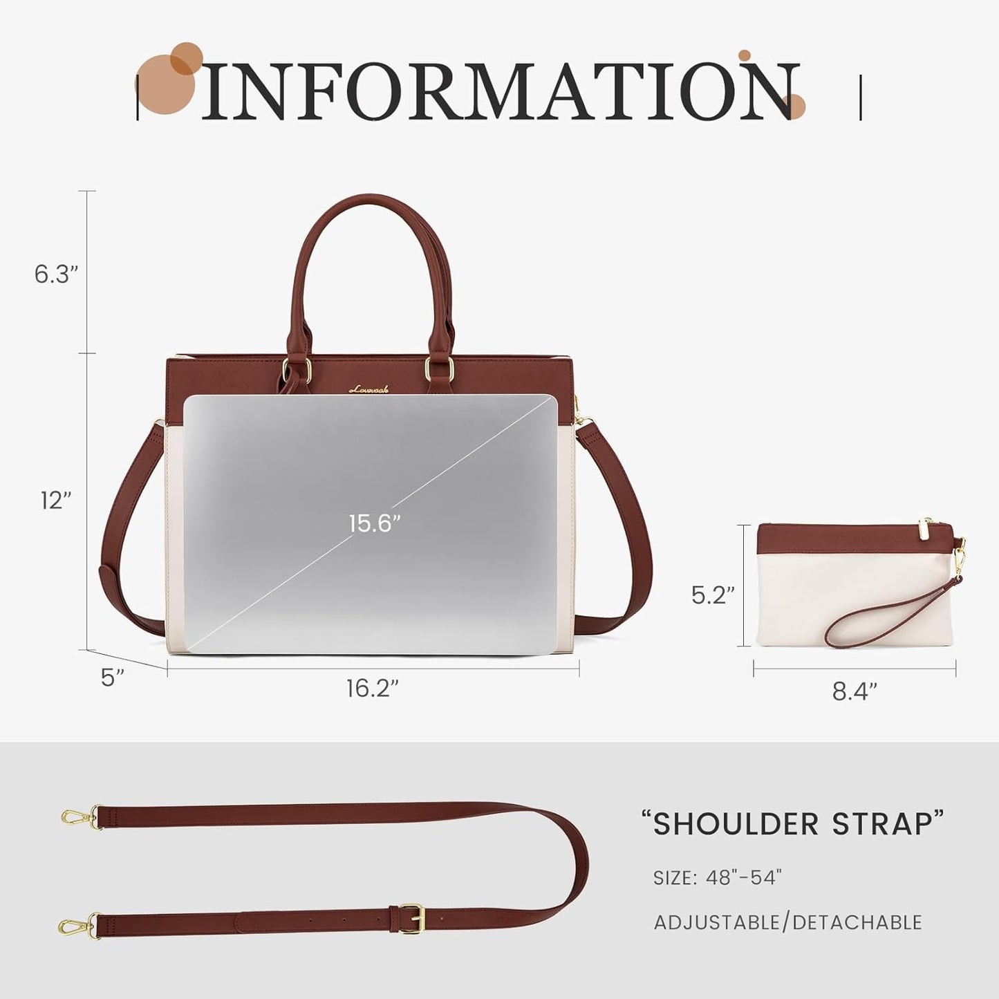 LOVEVOOK Laptop Tote Bag for Women, 15.6 inch Work Bag Purse, Waterproof Leather Women Business Office Briefcase, Beige-Brown