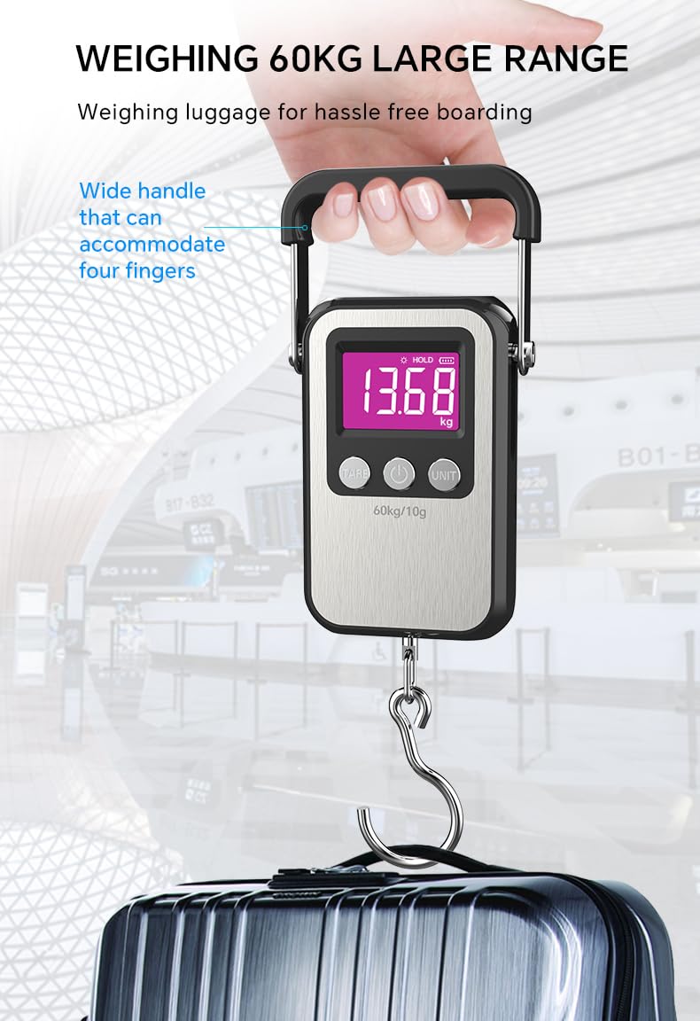 Digital Luggage Weight Scale 132lb 60kg Hanging Scales Fish Scale, 2 AAA Batteries (Not Included) (Black)