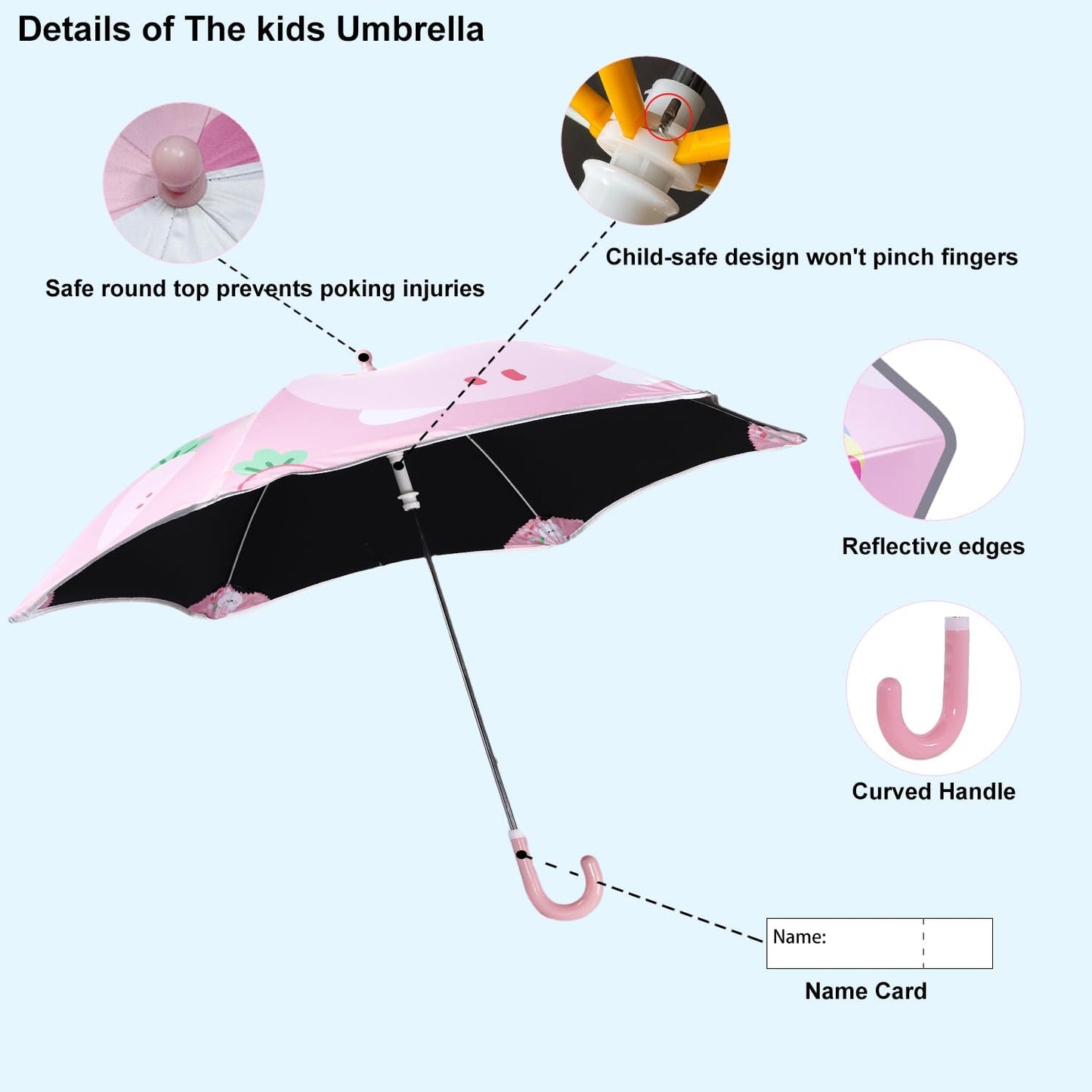 Kids UV and Rain Umbrella Sun Protection With Round Edges for Boys Girls Toddlers Easy Grp Curved Handle Stick Umbrella with Reflective Strip