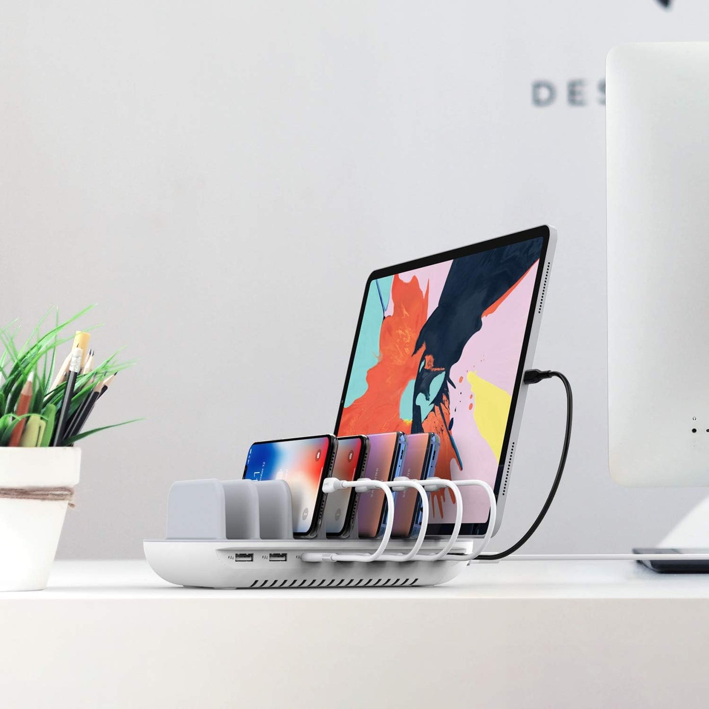 SooPii 70W 7 Port Charging Station for Multiple Devices,Charger Station with One 30W Power Delivery Port for Laptops,and 6 USB Ports for Smart Phones,Tablets,Other Electronics, White