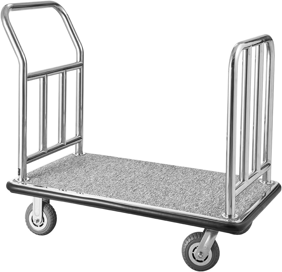VEVOR Hotel Luggage Cart, 750 LBS Load Capacity, Deluxe Platform Truck with Removable Front Frame, Valet Cart with Grey Carpeted Deck and 6-inch Rubber Wheels, Ideal for Hotels, Condos, Resorts
