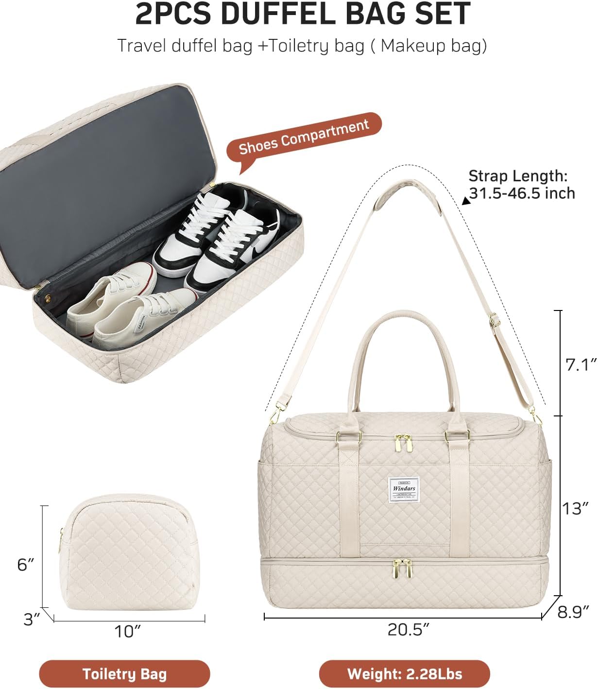 Travel Duffle Bag, Weekender Bags for Women with Shoe Compartment, Overnight Bag with Toiletry Bag, Carry On Duffel Bags For Airplanes, Yoga Gym Duffel Bag, Beige