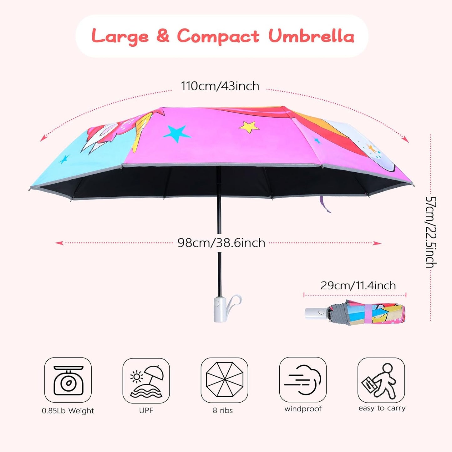Kids Folding Umbrella Auto Open/Close Anti-rebound Safe Design UV Resistant Automatic Children Travel Umbrellas 8 Rib Reinforced Canopy 360° Reflective Strip Lightweight Cute Umbrella for Girls & Boys