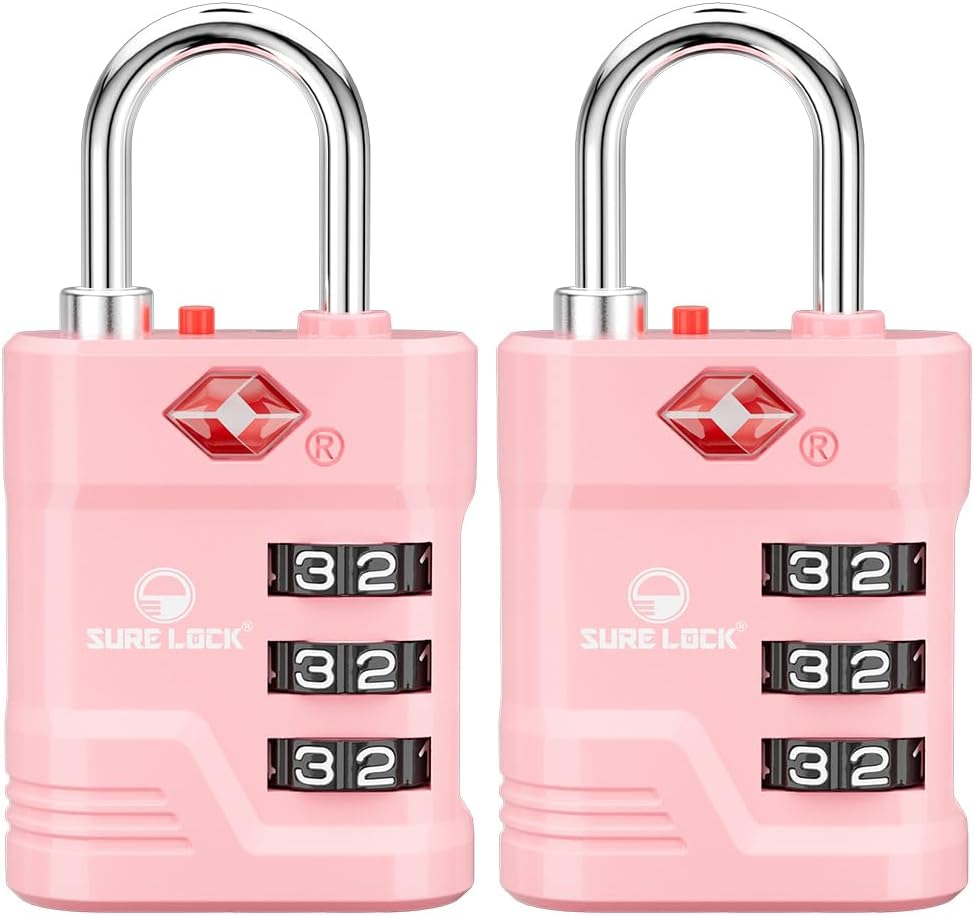 SURE LOCK TSA Locks for Luggage, TSA Approved Luggage Locks with Open Alert, 008 Key for High Security, Easy Read Dials, Zinc Alloy Body, Locker Lock for Suitcase, Gym, Travel.(Pink 2 pk)