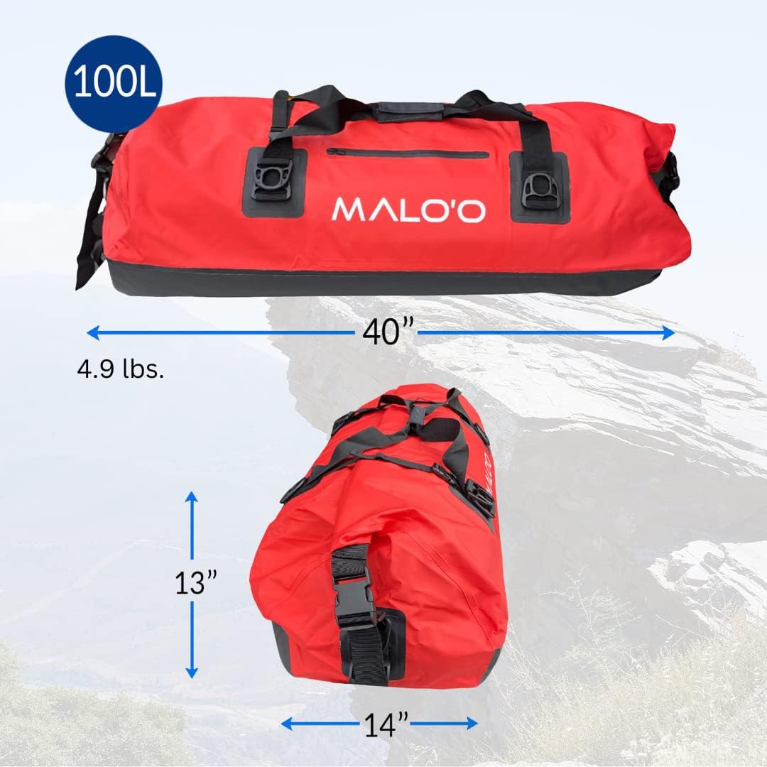 Malo’o Waterproof Dry Duffel, Heavy-Duty Roll Top Waterproof Gear Bag with Shoulder Strap & Molle Loops, Marine Duffel for Kayaking, Boating, Camping, Beach & Travel, Red, 100L