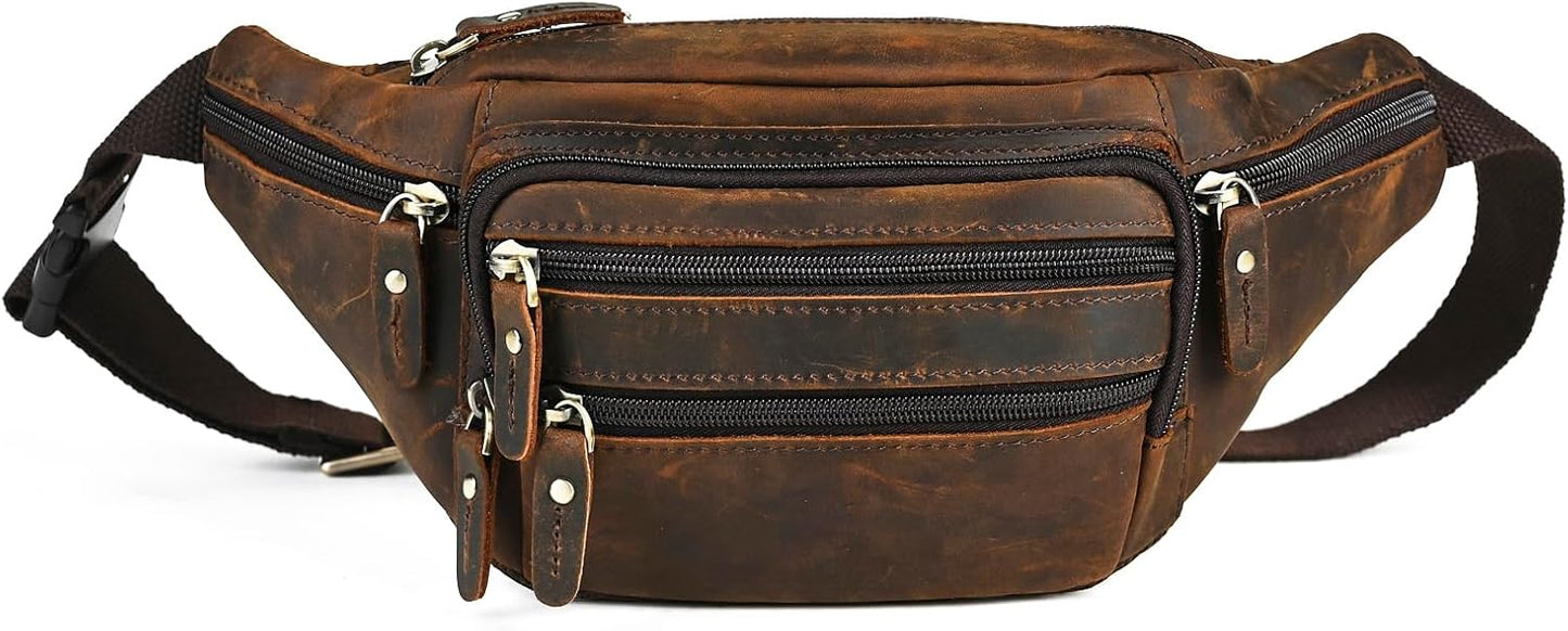 Thick Crazy Horse Leather Hiking Riding Travel Outdoor Belt Bag Fanny Waist Pack Small Phone Pouch For Men Women 380 (383 Brown)