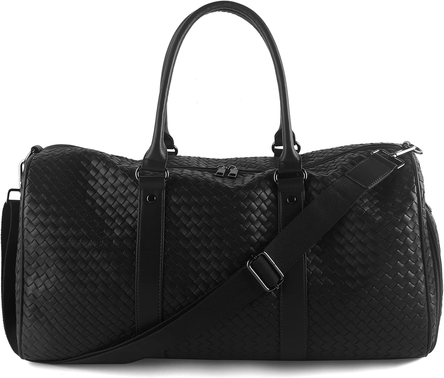 Weekender Bags for Women Woven Leather Travel Duffel Bag with Shoe Compartment, Carry On Garment Bag for Men Women, Large Capacity Water-resistant Gym Tote (Black)