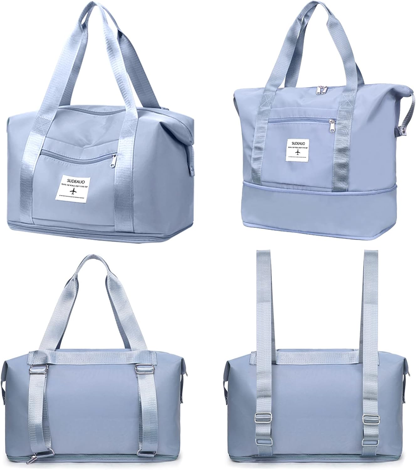 Large Capacity Folding Travel Tote Bag, Oxford Fabric Waterproof Lightweight Foldable Travel Duffel Bag, Portable Expandable Travel Bag, Dry and Wet Separation Carry On Bag for Airplanes (Blue-2)