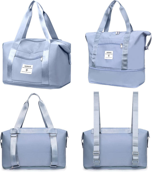 Large Capacity Folding Travel Tote Bag, Oxford Fabric Waterproof Lightweight Foldable Travel Duffel Bag, Portable Expandable Travel Bag, Dry and Wet Separation Carry On Bag for Airplanes (Blue-2)