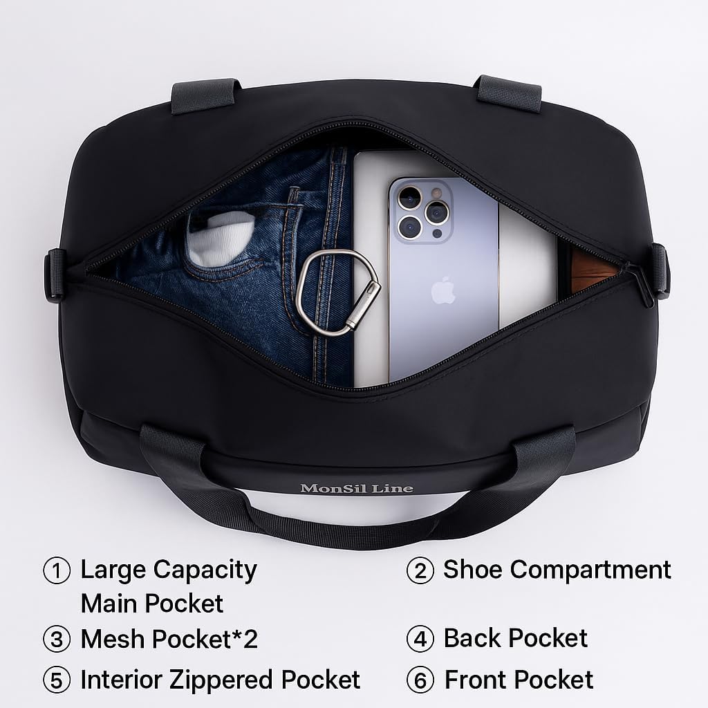 Gym Bag for Women Men with Shoe Compartment, Waterproof Small Duffle Bag for Travel, Sports, Weekend Lightweight Carry On Tote Bag (Black)