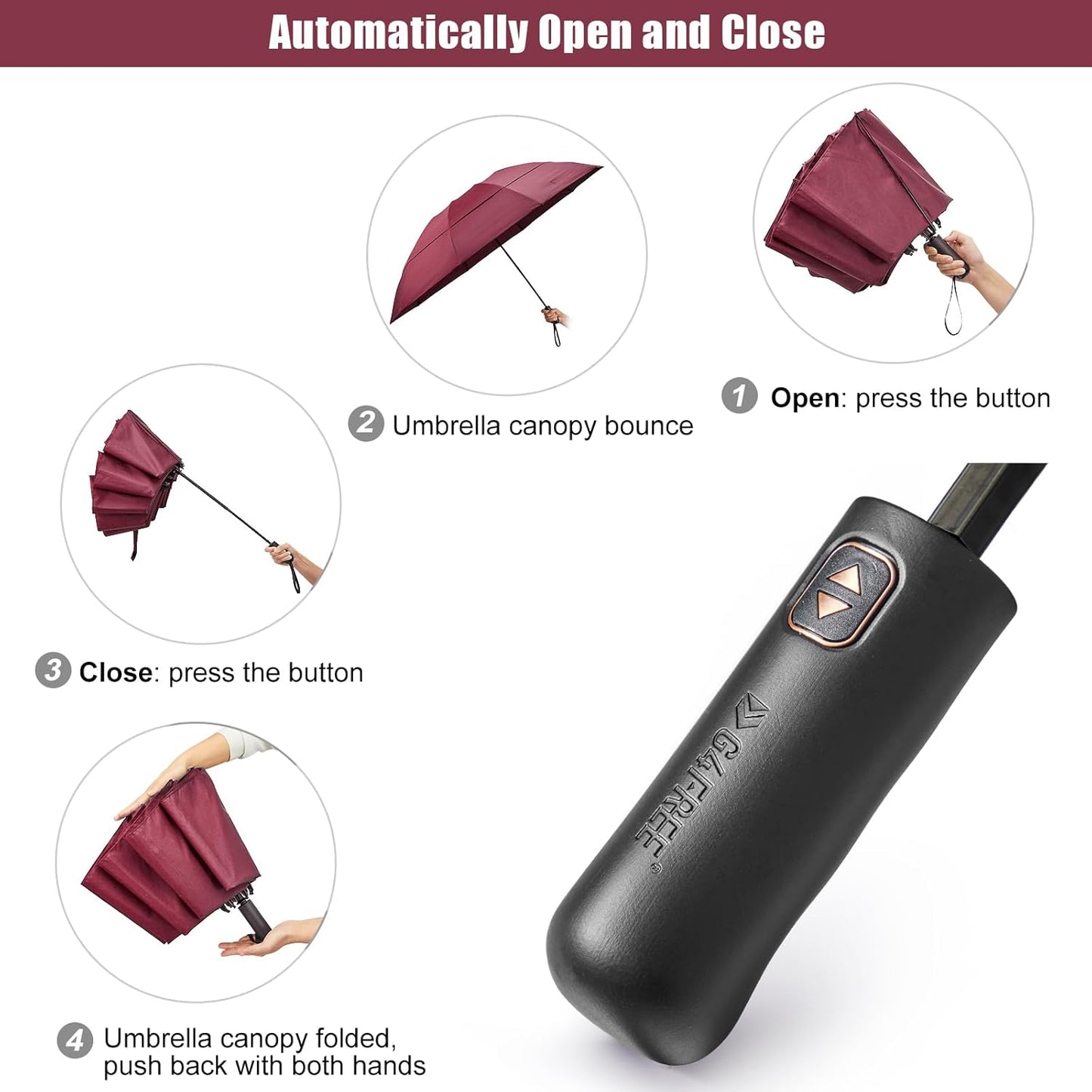 G4Free 42 Inch Inverted Compact Golf Umbrella for Rain Reverse Travel Umbrella 10 Ribs Windproof Portable Double Canopy Automatic Open Close for Women(Burgendy)
