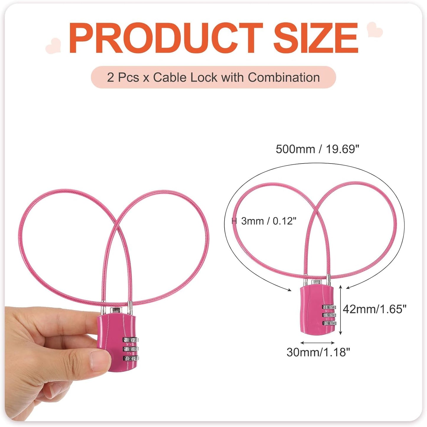 MECCANIXITY 2 Pcs Luggage Travel Lock, 3 Digit Cable Combination Lock 1-3/16" Width Body with 20" Long Cable for Suitcase Bag Cabinets Small Fences Gym, Rose
