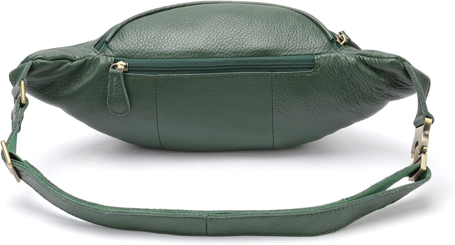 Genuine Leather Fanny Pack large capacity Crossbody Waist Bag with Zipper phone Pockets green