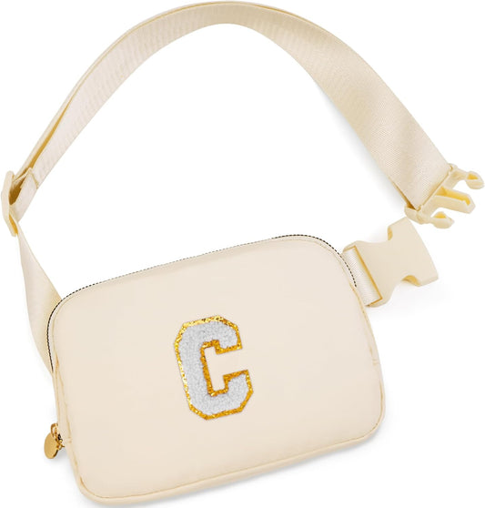 Belt Bag Fanny Pack Crossbody Bags with Initials Cute Stuff Birthday Gifts for Teenager Girls Trendy Stuff for Teens - White C,Khaki Bag