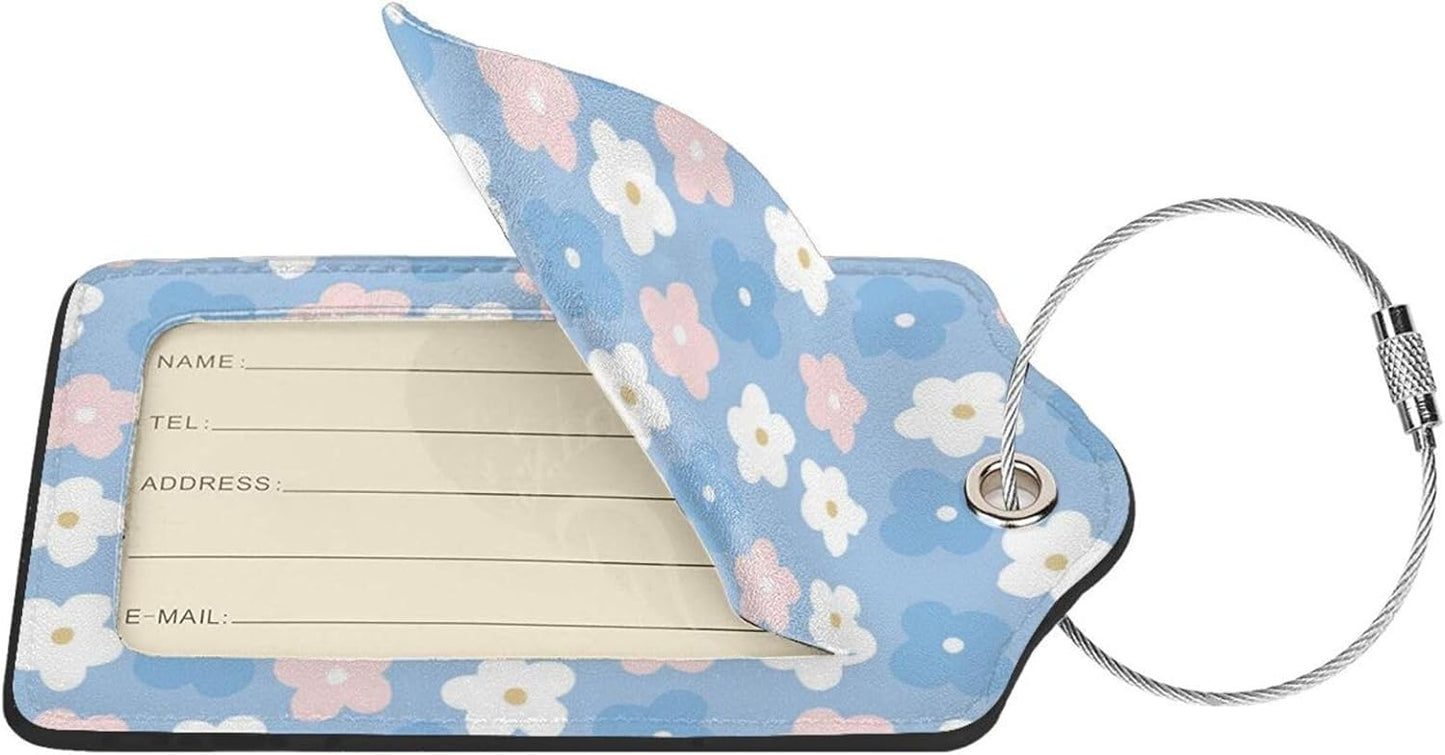 2 Pack Luggage Tag for Suitcase, Cute Leather Suitcase Tags Identifiers with Privacy Name Address Labels Durable Steel Loop for Women Men Girl Travel (Cute Flowers)