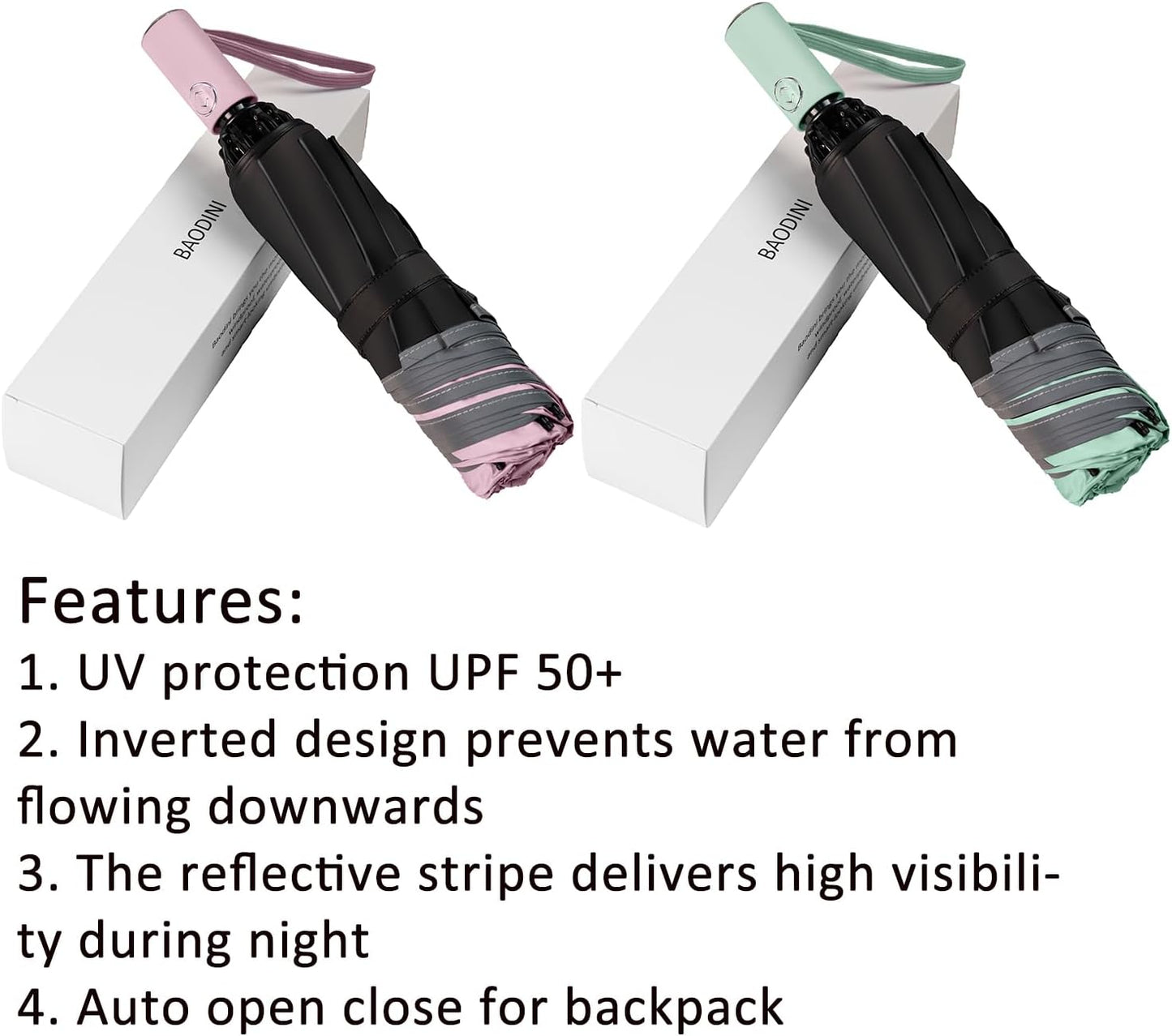BAODINI Inverted UV Umbrella for Rain and Sun Medium Size UPF 50+ Rverse Compact Umbrella Auto Open Close