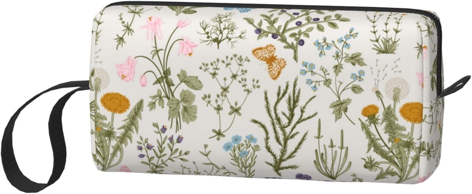 Vintage Herbs Wild Flowers Makeup Bag Small Compact & Durable Travel Organizer Oxford Fabric