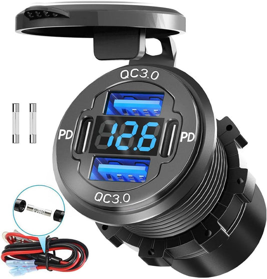 78W Quad-Port 12V USB Outlet - Dual QC3.0 & PD3.0 Quick Charge Car Charger Socket with Voltmeter, Aluminum Alloy Waterproof USB C Port for Car Boat Marine Motorcycle RV Truck ATV Golf Cart