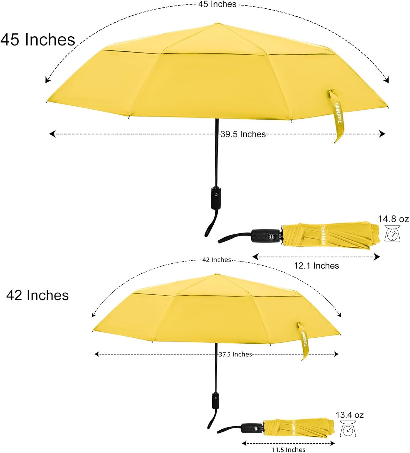TradMall Travel Umbrella, 42/45 Inches Double Vented Canopy Windproof Automatic Strong Compact Folding Umbrellas for Rain Women and Men