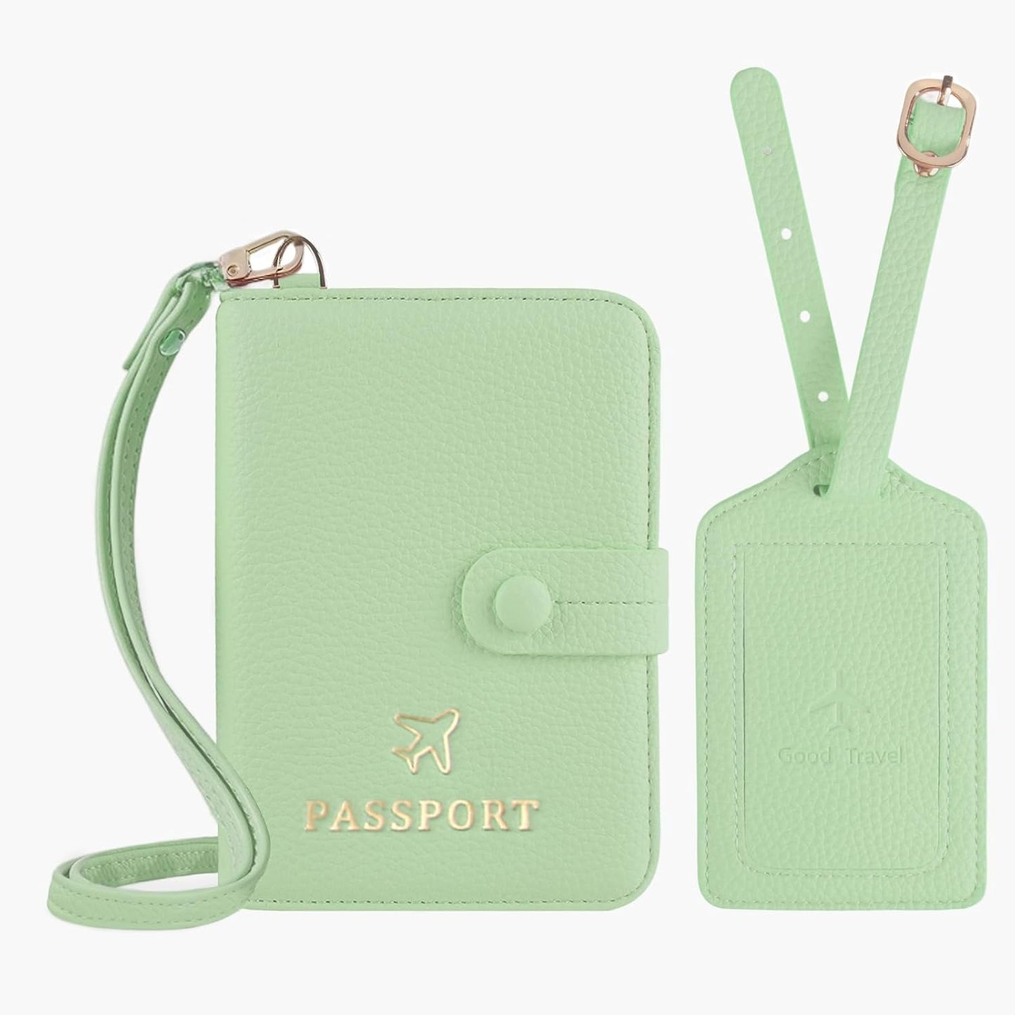 Passport Holder RFID Protected Wallet and Luggage Tag with Protection Cover Travel Accessories Leather Card Case Organizer for Women Men (Green)