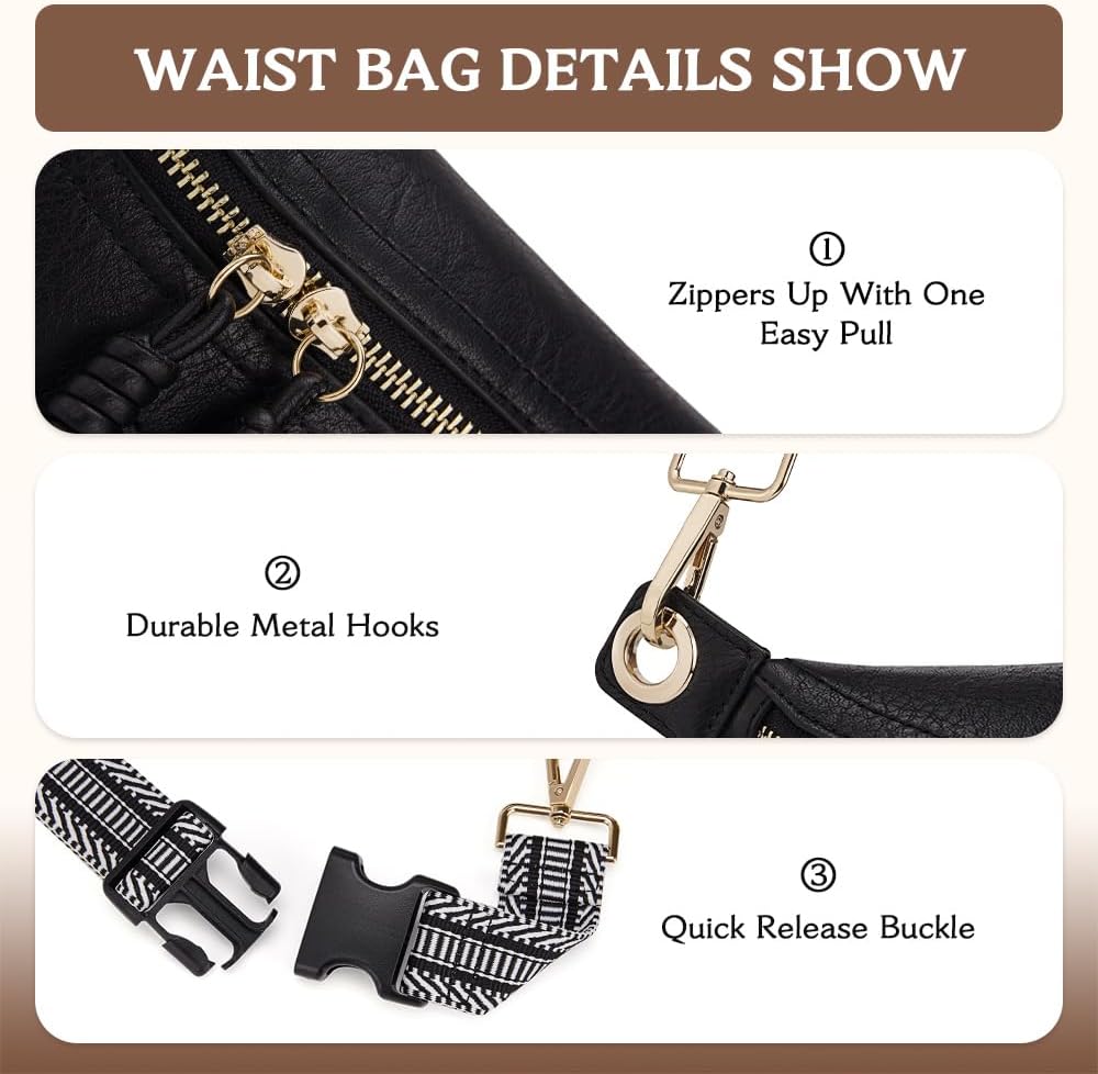 HKCLUF Fanny Pack Crossbody Bags for Women Pu Leather Belt Bag Waist Pack Causal Chest Bum Bag With 2 Straps