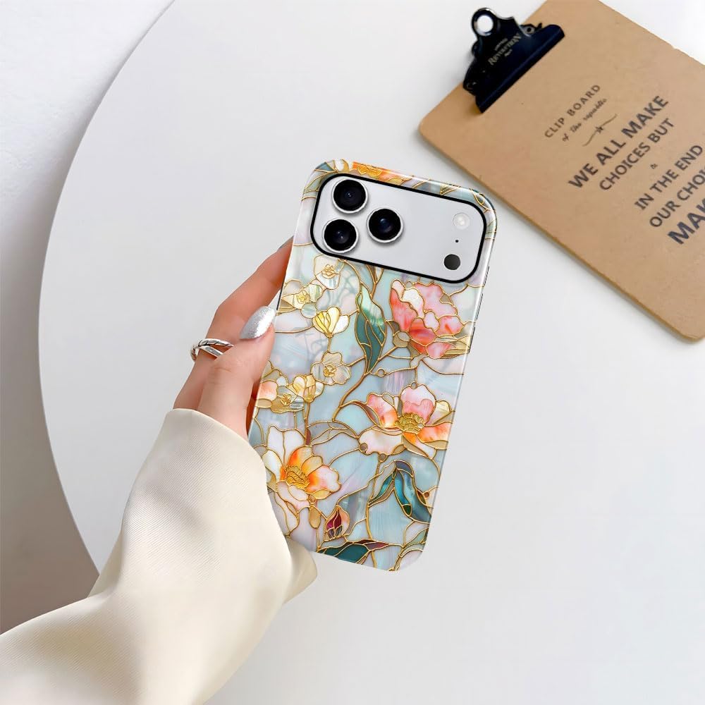 Case for iPhone 17 Pro Max - Slim Fit Anti-Scratch Phone Case for Girl Women - Stained Glass Aesthetic Flowers (Glossy)