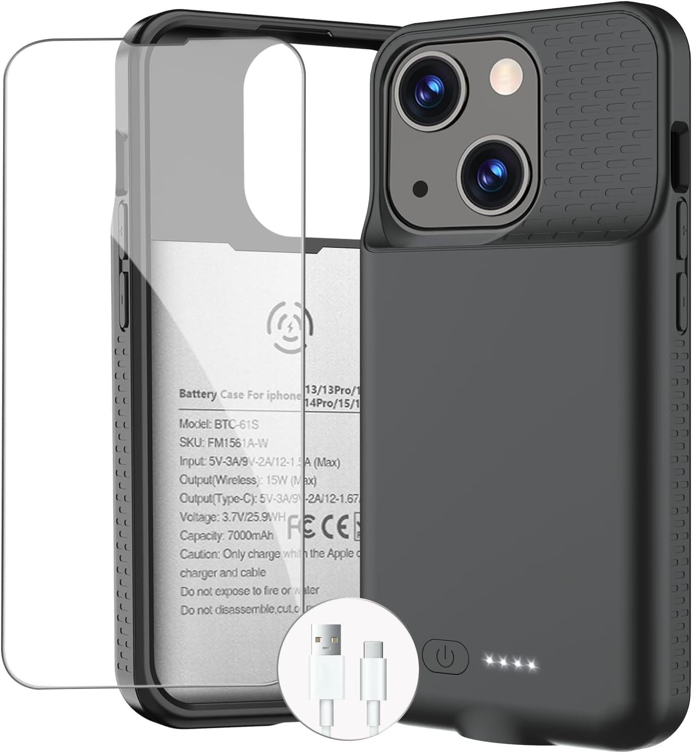 Battery Case for iPhone 13/13 Pro/14/14 Pro/15/15 Pro, Ultra-Slim Wireless Fast Charging Case Extend Rechargeable Anti-Fall Soft-TPU Charger Case for iPhone 13/13 Pro/14/14 Pro/15/15 Pro 6.1"