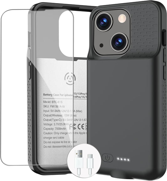 Battery Case for iPhone 13/13 Pro/14/14 Pro/15/15 Pro, Ultra-Slim Wireless Fast Charging Case Extend Rechargeable Anti-Fall Soft-TPU Charger Case for iPhone 13/13 Pro/14/14 Pro/15/15 Pro 6.1"