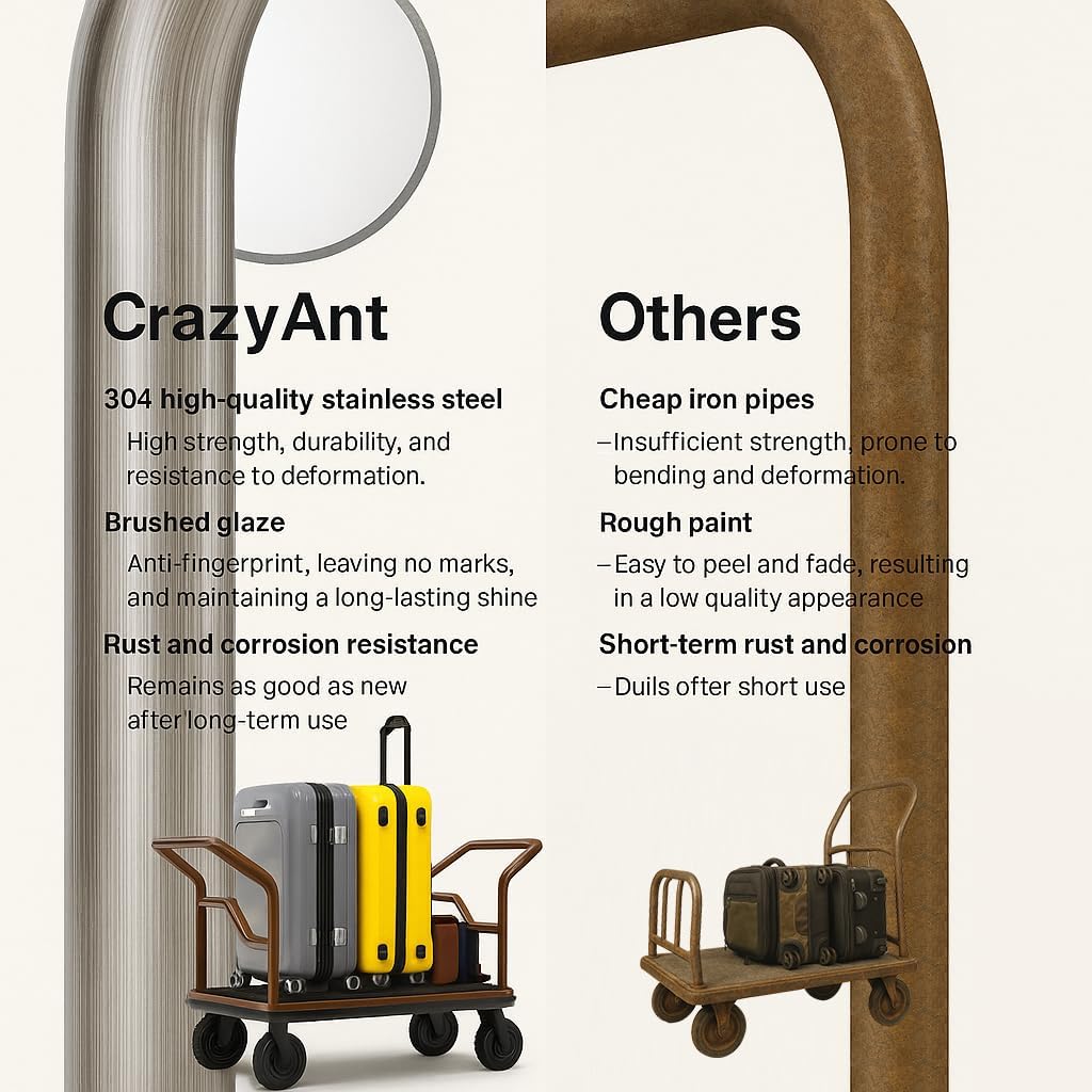 Hotel Luggage Cart,Heavy Duty Bellman Cart -8" Silent Pneumatic Wheels,Nylon Carpet and Deck Bumper Rails,Brushed Stainless Steel Hotel Luggage Trolley Weight Capacity Up to 850LBS for Hotel/Resort