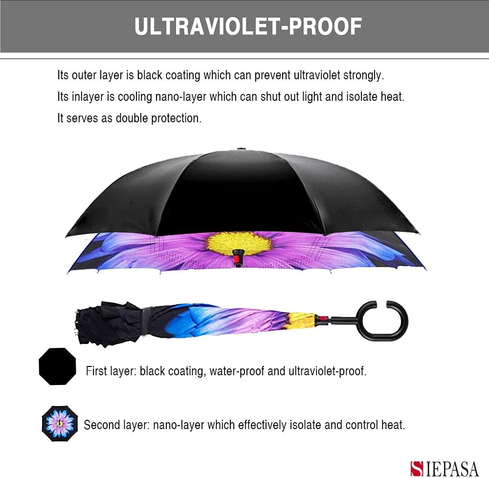 SIEPASA 49/56 Inch Inverted Reverse Upside Down Umbrella, Extra Large Double Canopy Vented Windproof Waterproof Stick Golf Umbrellas with C-shape Handle.