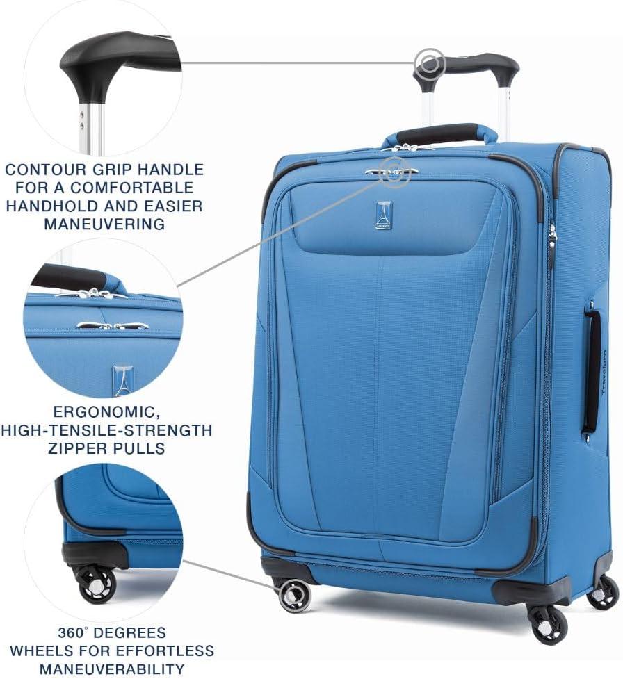 Travelpro Maxlite 5 Softside Expandable Checked Luggage with 4 Spinner Wheels, Lightweight Suitcase, Men and Women, Azure Blue, Checked Medium 25-Inch