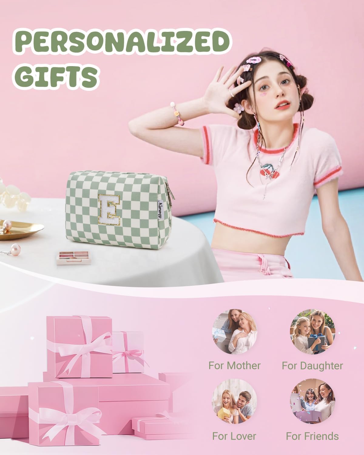 Narwey Birthday Gifts for Teen Girls Women Personalized Initial Checkered Makeup Bag Preppy Cosmetic Bag Trendy Stuff 6 8 10 11 12 13 14 16 18 Years Old Travel Toiletry Bag (Green Letter E)