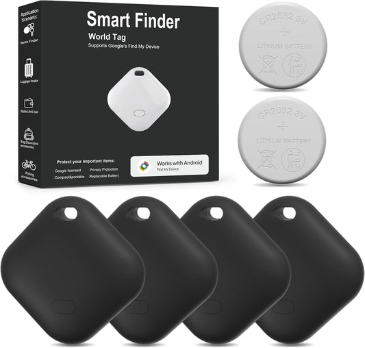 Android Tracker Tags 4 Pack and 2pcs CR2032 Batteries, Smart Tracking Device Work with Google Find Hub App (Android Only), Keys Finder and Item Locator for Vehicles Luggage Wallet Bags