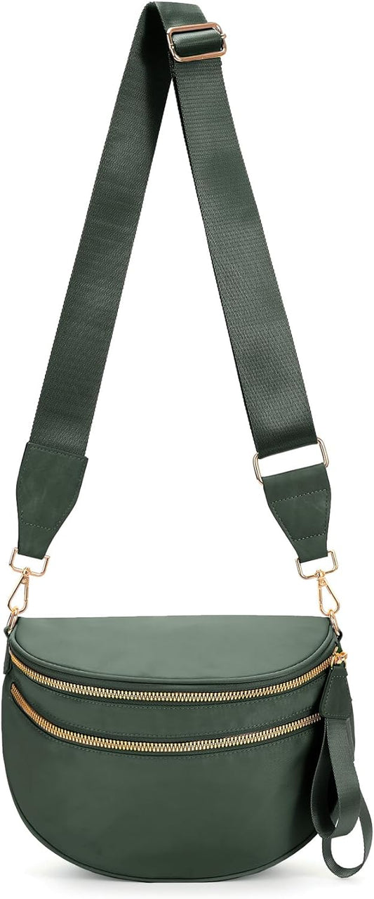Fanny Packs for Women Cross Body Belt Bag, Nylon Crossbody Bag Unisex Fashion Waist Pack with Adjustable Strap, Olive Green