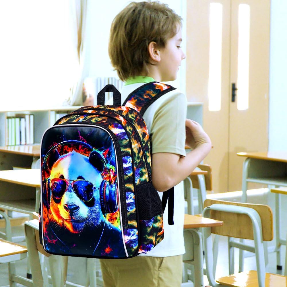 3PCS Panda Bookbag for Boys, Water Resistant Kids Backpack with Lunch Box, 17" School Bag Set for Teenagers Middle Elementary - Sunglasses Panda
