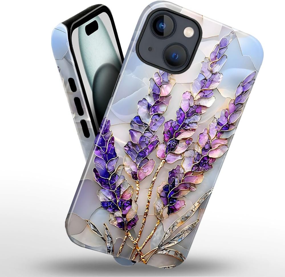 Case for iPhone 15 - Slim Fit Anti-Scratch Phone Case for Girl Women - Lavender Stained Glass Purple Floral (Glossy)