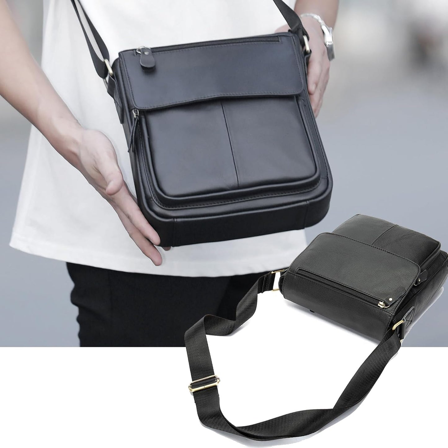Genuine Leather Messenger Crossbody Shoulder Bag for Men, Man Purse Satchel Travel Handbag Work Business
